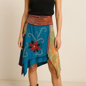 Hippie Boho Embroidery Elasticated Lightweight Cotton Skirt Size small